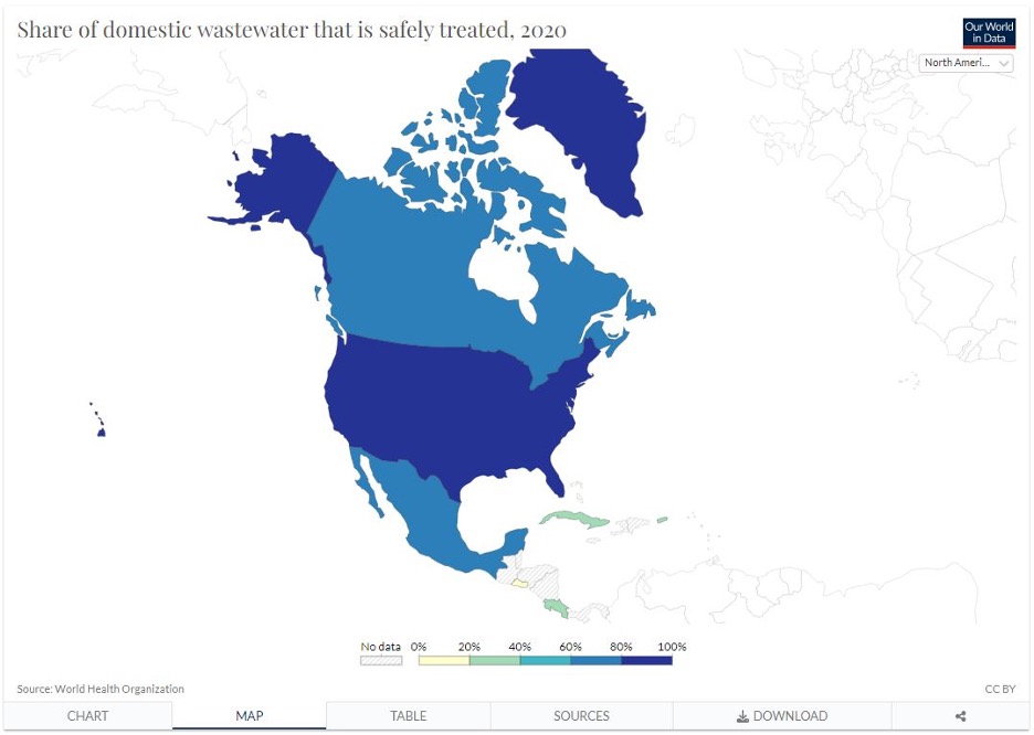 Map showing the share of domestic wastewater that is safely treated as of 2020